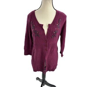 DKNY Womens Size S Cardigan Sweater Purple Button Front Embroidered Knit